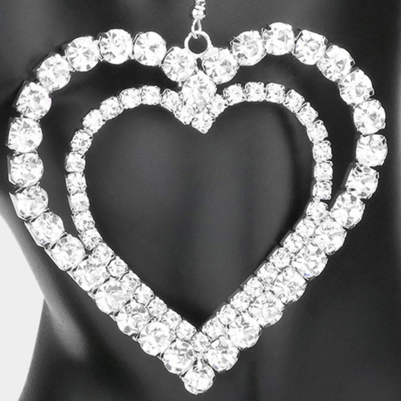 Silver Heart Hoop Earrings Double Rhinestone Dangle Crystal Statement Jewelry - Picture 2 of 2